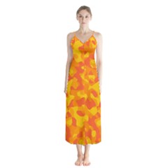 Orange And Yellow Camouflage Pattern Button Up Chiffon Maxi Dress by SpinnyChairDesigns