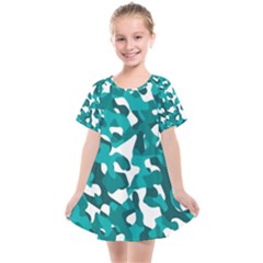 Teal And White Camouflage Pattern Kids  Smock Dress by SpinnyChairDesigns