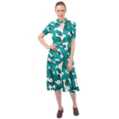 Teal And White Camouflage Pattern Keyhole Neckline Chiffon Dress by SpinnyChairDesigns