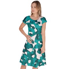 Teal And White Camouflage Pattern Classic Short Sleeve Dress by SpinnyChairDesigns