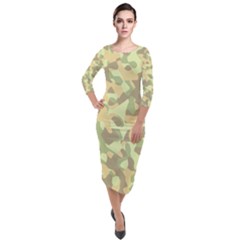 Light Green Brown Yellow Camouflage Pattern Quarter Sleeve Midi Velour Bodycon Dress by SpinnyChairDesigns