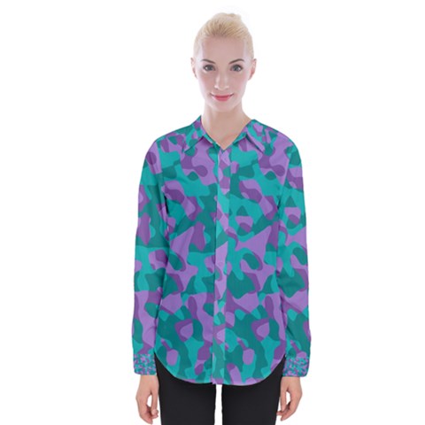 Purple And Teal Camouflage Pattern Womens Long Sleeve Shirt by SpinnyChairDesigns