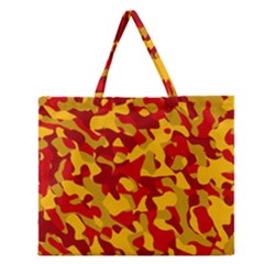 Red And Yellow Camouflage Pattern Zipper Large Tote Bag by SpinnyChairDesigns