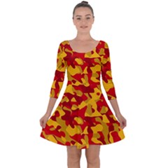 Red And Yellow Camouflage Pattern Quarter Sleeve Skater Dress by SpinnyChairDesigns