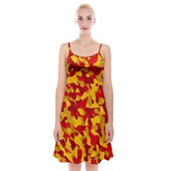 Red And Yellow Camouflage Pattern Spaghetti Strap Velvet Dress by SpinnyChairDesigns