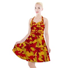 Red And Yellow Camouflage Pattern Halter Party Swing Dress  by SpinnyChairDesigns