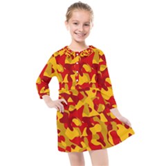 Red And Yellow Camouflage Pattern Kids  Quarter Sleeve Shirt Dress by SpinnyChairDesigns