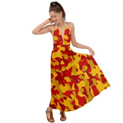 Red And Yellow Camouflage Pattern Backless Maxi Beach Dress by SpinnyChairDesigns