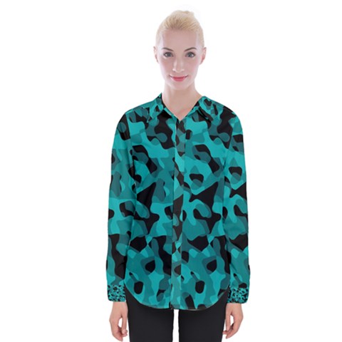 Black And Teal Camouflage Pattern Womens Long Sleeve Shirt by SpinnyChairDesigns