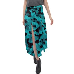 Black And Teal Camouflage Pattern Velour Split Maxi Skirt by SpinnyChairDesigns