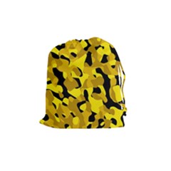 Black And Yellow Camouflage Pattern Drawstring Pouch (medium) by SpinnyChairDesigns