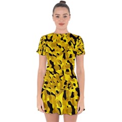 Black And Yellow Camouflage Pattern Drop Hem Mini Chiffon Dress by SpinnyChairDesigns