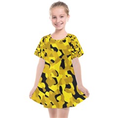 Black And Yellow Camouflage Pattern Kids  Smock Dress by SpinnyChairDesigns