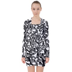 Black And White Camouflage Pattern V-neck Bodycon Long Sleeve Dress by SpinnyChairDesigns