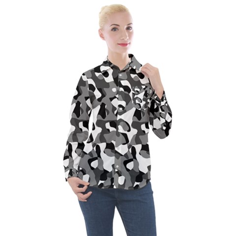 Black And White Camouflage Pattern Women s Long Sleeve Pocket Shirt by SpinnyChairDesigns