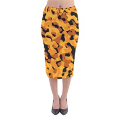 Orange And Black Camouflage Pattern Velvet Midi Pencil Skirt by SpinnyChairDesigns