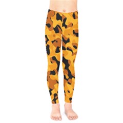 Orange And Black Camouflage Pattern Kids  Leggings by SpinnyChairDesigns