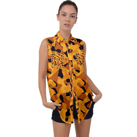 Orange And Black Camouflage Pattern Sleeveless Chiffon Button Shirt by SpinnyChairDesigns