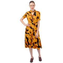 Orange And Black Camouflage Pattern Keyhole Neckline Chiffon Dress by SpinnyChairDesigns