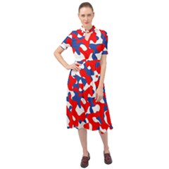 Red White Blue Camouflage Pattern Keyhole Neckline Chiffon Dress by SpinnyChairDesigns