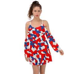 Red White Blue Camouflage Pattern Kimono Sleeves Boho Dress by SpinnyChairDesigns