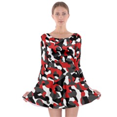 Black Red White Camouflage Pattern Long Sleeve Skater Dress by SpinnyChairDesigns