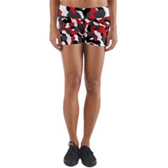 Black Red White Camouflage Pattern Yoga Shorts by SpinnyChairDesigns