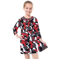 Black Red White Camouflage Pattern Kids  Quarter Sleeve Shirt Dress by SpinnyChairDesigns