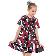 Black Red White Camouflage Pattern Kids  Short Sleeve Shirt Dress by SpinnyChairDesigns