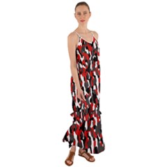 Black Red White Camouflage Pattern Cami Maxi Ruffle Chiffon Dress by SpinnyChairDesigns