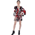 Black Red White Camouflage Pattern V-Neck Flare Sleeve Mini Dress View1