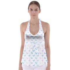 Light Blue Pink Butterflies Pattern Babydoll Tankini Top by SpinnyChairDesigns