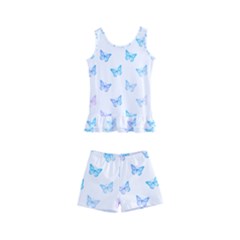 Light Blue Pink Butterflies Pattern Kids  Boyleg Swimsuit by SpinnyChairDesigns