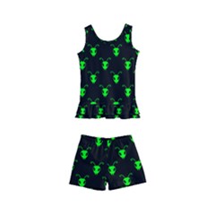 Neon Green Bug Insect Heads On Black Kids  Boyleg Swimsuit by SpinnyChairDesigns