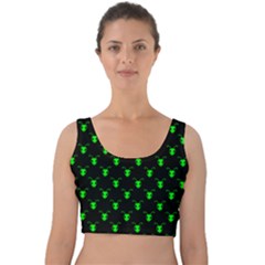 Neon Green Bug Insect Heads On Black Velvet Crop Top by SpinnyChairDesigns