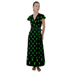 Neon Green Bug Insect Heads On Black Flutter Sleeve Maxi Dress by SpinnyChairDesigns