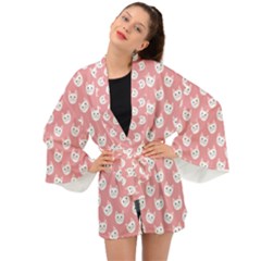 Cute Cat Faces White And Pink Long Sleeve Kimono by SpinnyChairDesigns