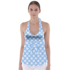 Cute Cat Faces White And Blue  Babydoll Tankini Top by SpinnyChairDesigns