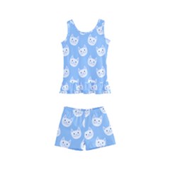 Cute Cat Faces White And Blue  Kids  Boyleg Swimsuit by SpinnyChairDesigns