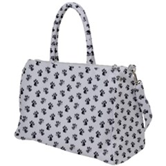 Cat Dog Animal Paw Prints Pattern Black And White Duffel Travel Bag by SpinnyChairDesigns