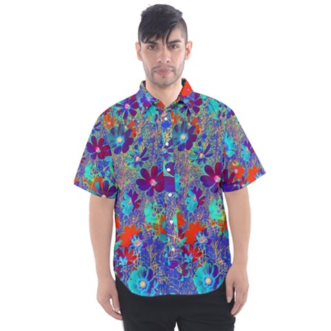 Cosmos Flowers Blue Red Men s Short Sleeve Shirt by DinkovaArt