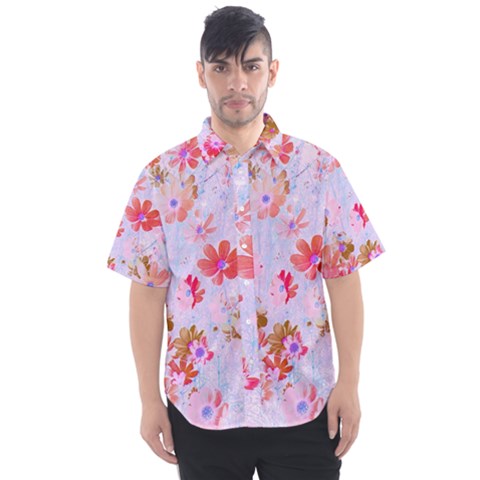 Cosmos Flowers Pink Men s Short Sleeve Shirt by DinkovaArt