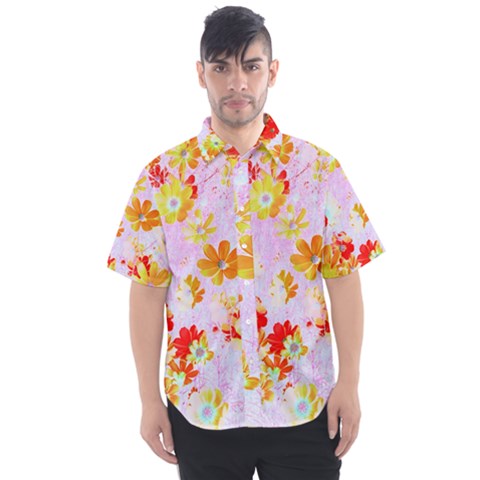 Cosmos Flowers Orange Men s Short Sleeve Shirt by DinkovaArt