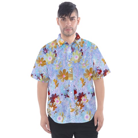 Cosmos Flowers Ligh Blue Men s Short Sleeve Shirt by DinkovaArt