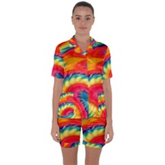 Colorful Dark Tie Dye Pattern Satin Short Sleeve Pyjamas Set by SpinnyChairDesigns