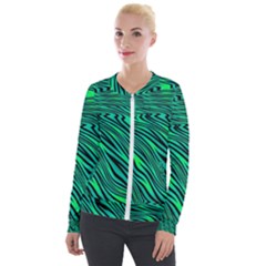 Black And Green Abstract Stripes Pattern Velour Zip Up Jacket by SpinnyChairDesigns