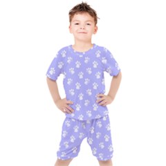 Animal Cat Dog Paw Prints Pattern Kids  Tee And Shorts Set by SpinnyChairDesigns