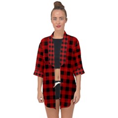 Grunge Red Black Buffalo Plaid Open Front Chiffon Kimono by SpinnyChairDesigns