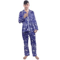 Blue White Paisley Intricate Swirls Men s Long Sleeve Satin Pyjamas Set by SpinnyChairDesigns