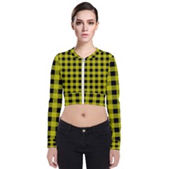 Yellow Black Buffalo Plaid Long Sleeve Zip Up Bomber Jacket by SpinnyChairDesigns